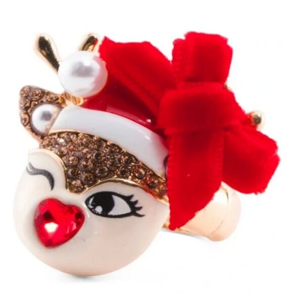 BETSEY JOHNSON Winking Reindeer Stretch Ring NIB - Picture 1 of 7
